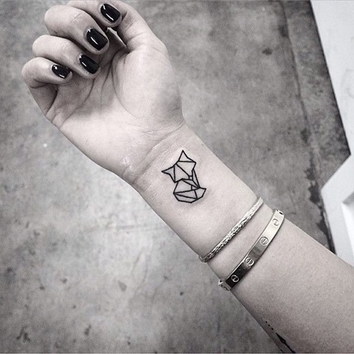 Black Outline Fox Tattoo On Girl Right Wrist