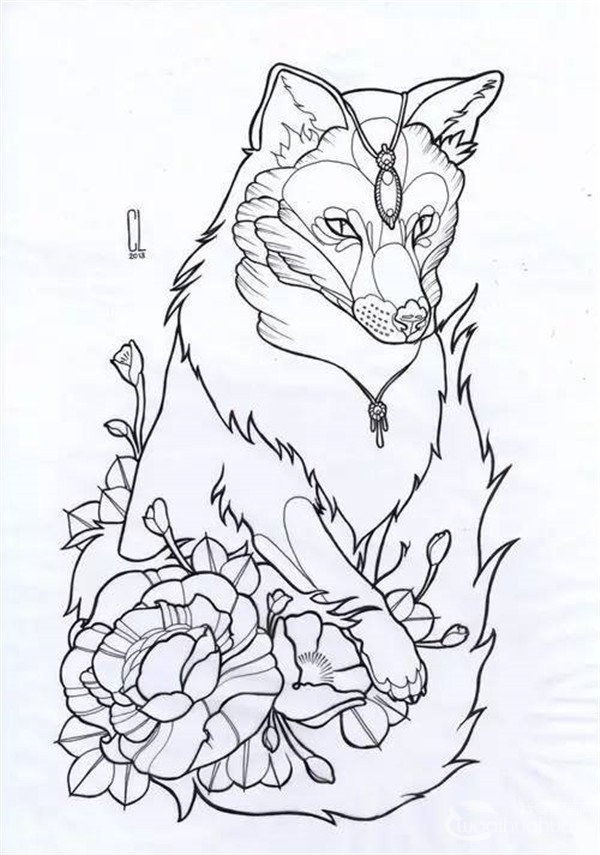 Black Outline Fox With Flower Tattoo Design