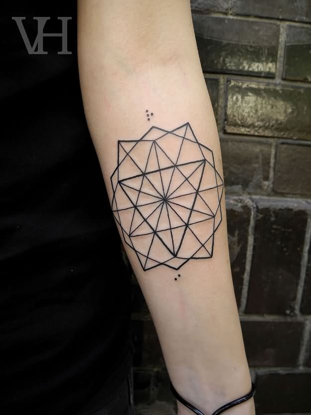 Black Outline Geometric Flower Tattoo On Forearm