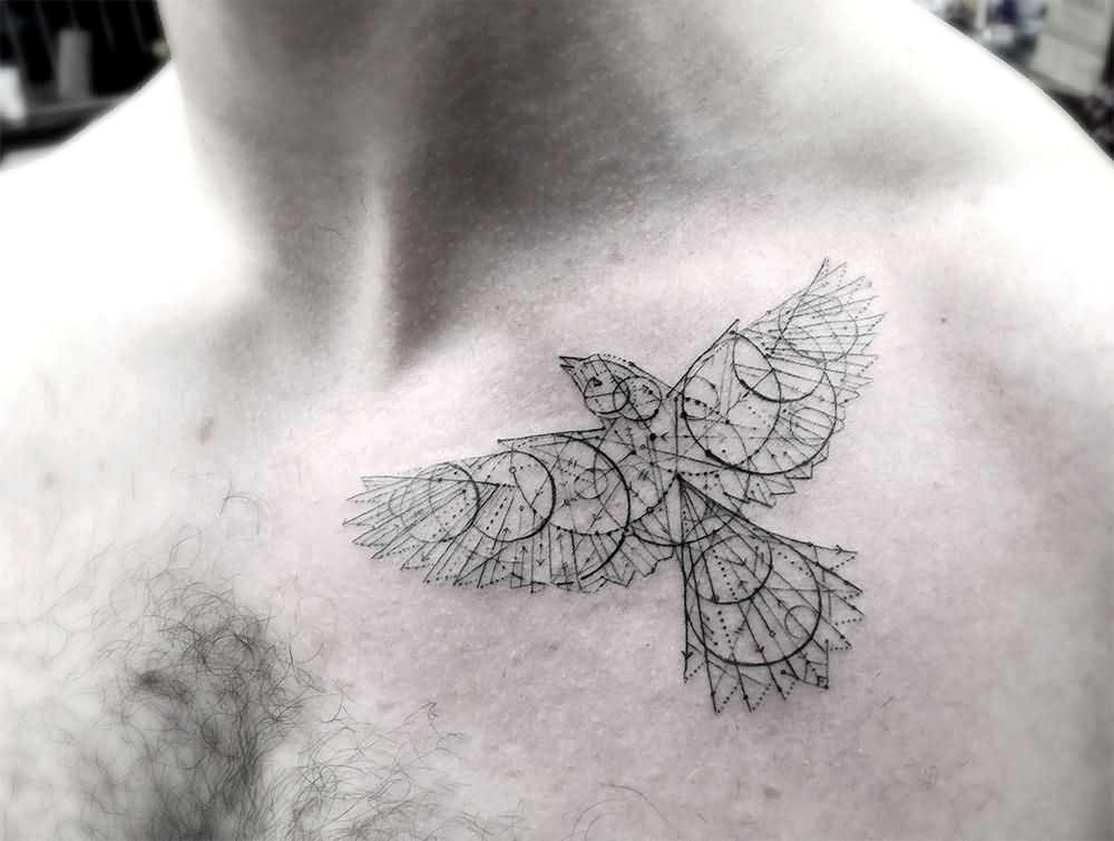 Black Outline Geometric Flying Bird Tattoo On Man Left Front Shoulder By Wooby Christopher