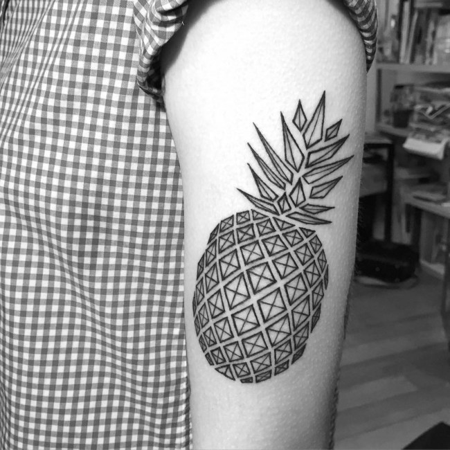 Black Outline Geometric Pineapple Tattoo On Left Half Sleeve