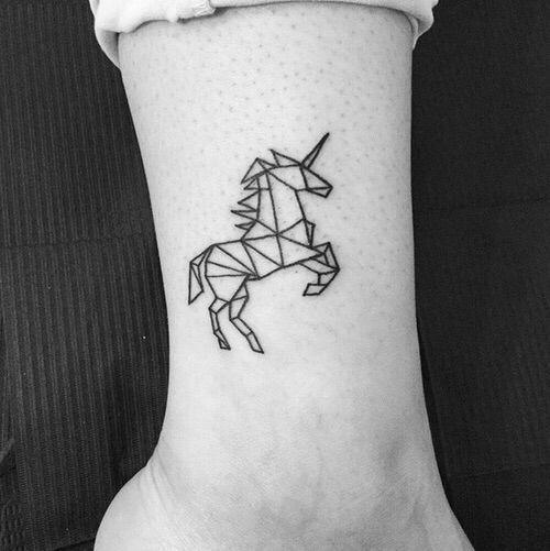 Black Outline Geometric Unicorn Tattoo On Right Leg