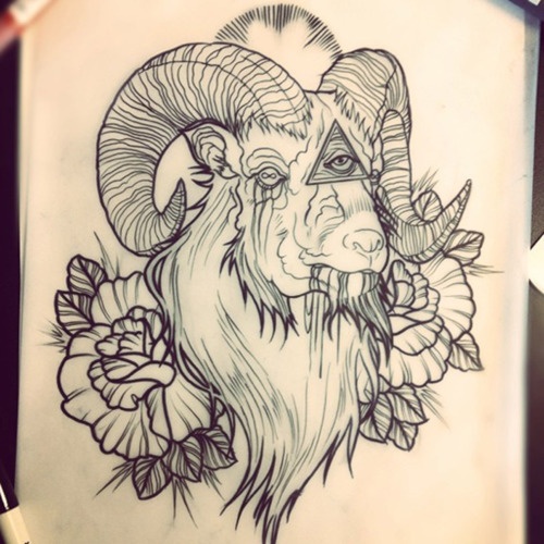Black Outline Goat Head With Roses Tattoo Stencil