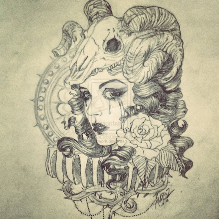 Black Outline Goat Skull On Women Head With Roses Tattoo Design