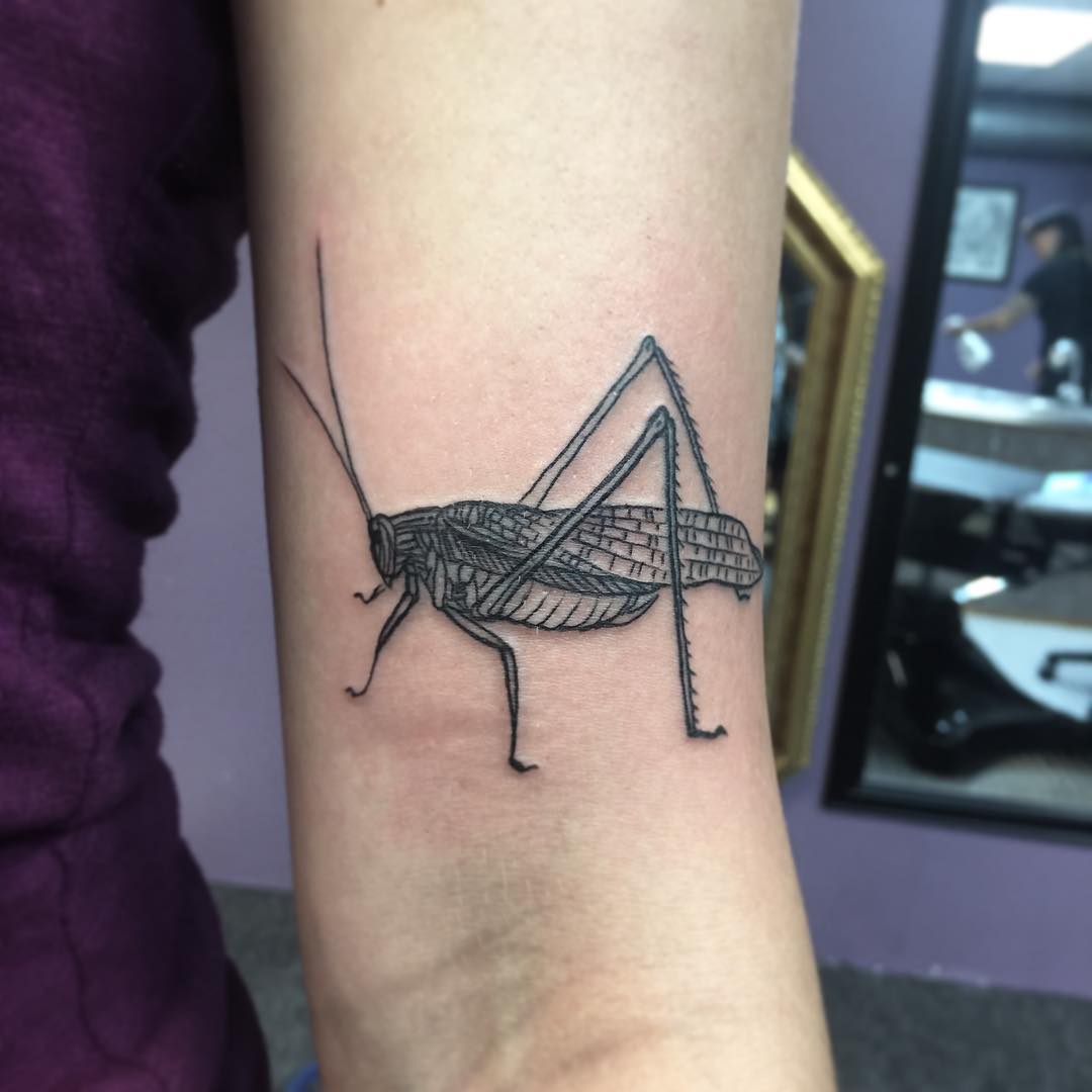 Black Outline Grasshopper Tattoo On Left Half Sleeve