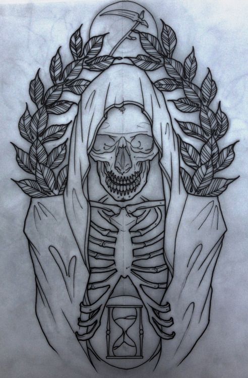 Black Outline Grim Reaper Skeleton Tattoo Design