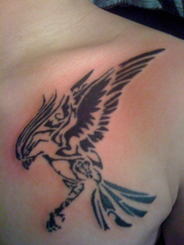 Black Tribal Flying Hawk Tattoo On Left Front Shoulder