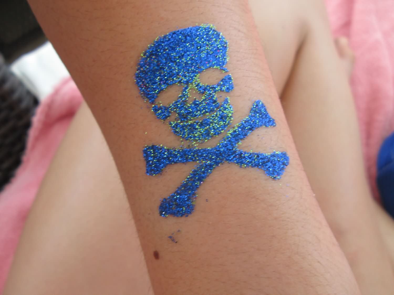 Blue Ink Glitter Danger Skull Tattoo Design For Sleeve