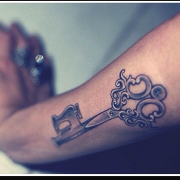 Classic Black And Gery Key Tattoo On Right Forearm