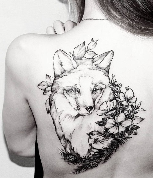 Classic Black And Grey Fox With Flowers Tattoo On Girl Left Back Shoulder