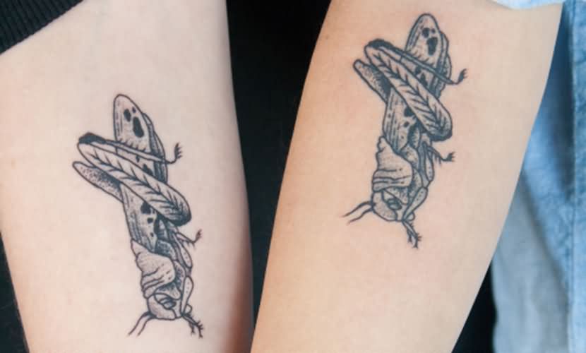 Classic Black And Grey Grasshopper Tattoo On Couple Sleeve