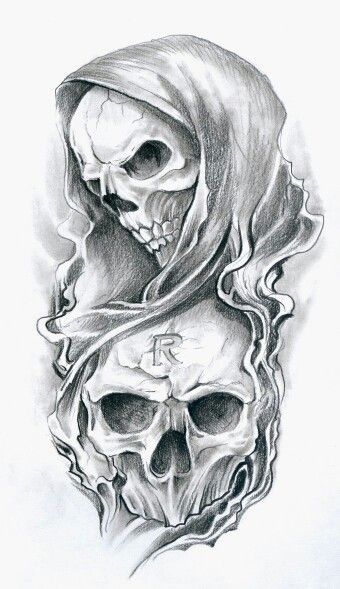 Classic Black And Grey Grim Reaper Skulls Tattoo Design