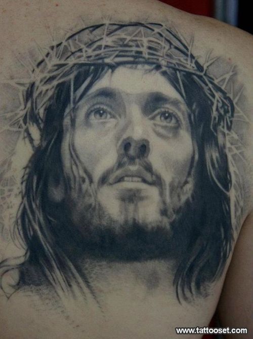 Classic Black And Grey Jesus Head Tattoo On Right Back Shoulder