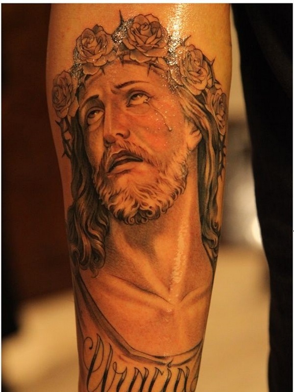 Classic Crying Jesus Head Tattoo On Forearm