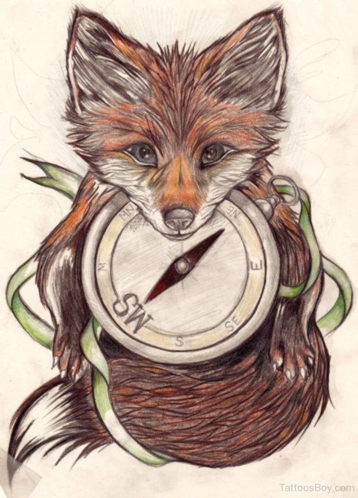 Classic Fox With Compass Tattoo Design