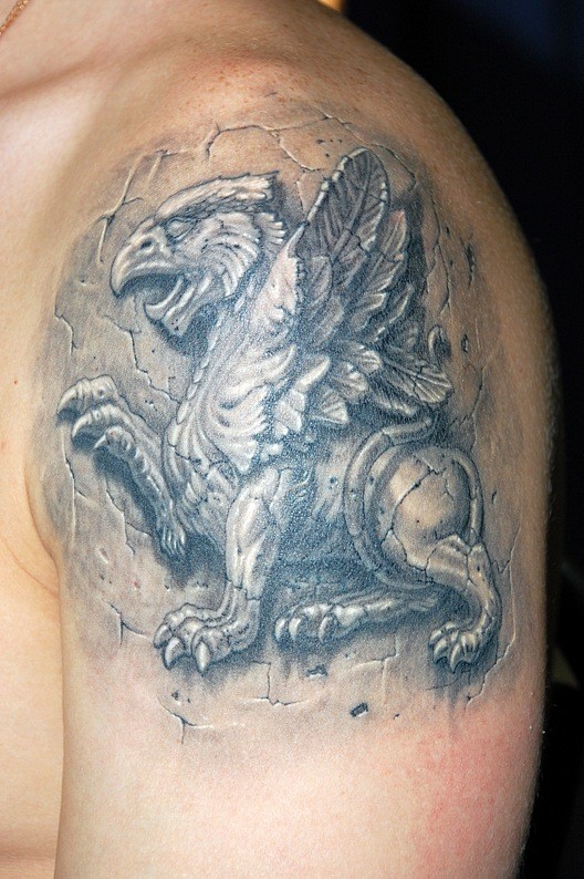 Classic Grey Ink Griffin Tattoo On Man Left Shoulder