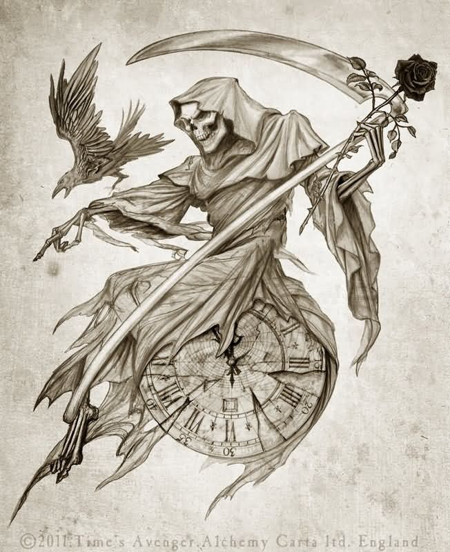 Classic Grey Ink Grim Reaper On Clock With Flying Crow Tattoo Design