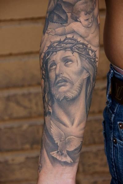Classic Grey Ink Jesus With Flying Dove Tattoo On Right Forearm