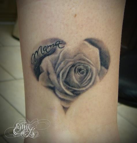 Classic Grey Ink Rose In Heart Tattoo Design For Sleeve