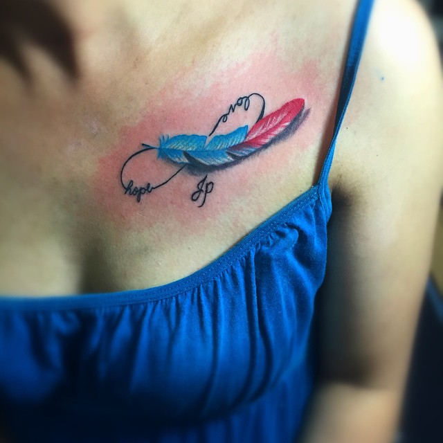 Colorful 3D Feather With Infinity Tattoo On On Women Left Front Shoulder