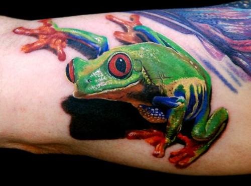 Colorful 3D Frog Tattoo Design For Half Sleeve