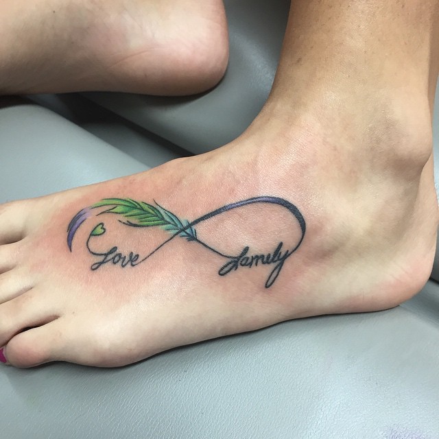 Colorful Feather With Infinity Tattoo On Left Foot