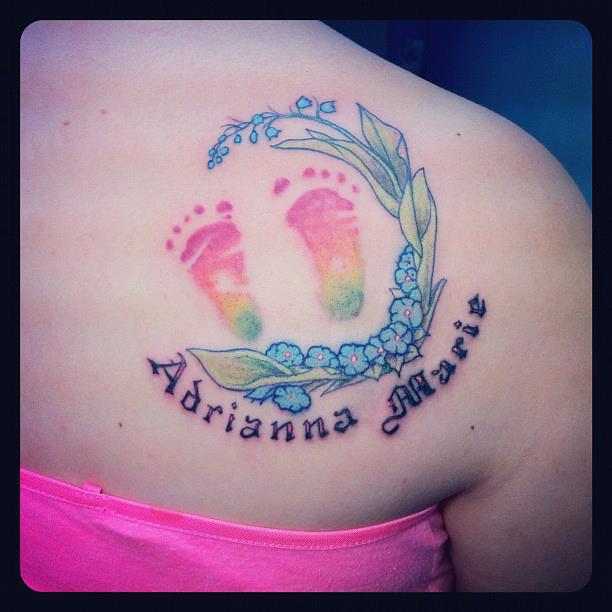 Colorful Footprints Tattoo On Girl Right Back Shoulder