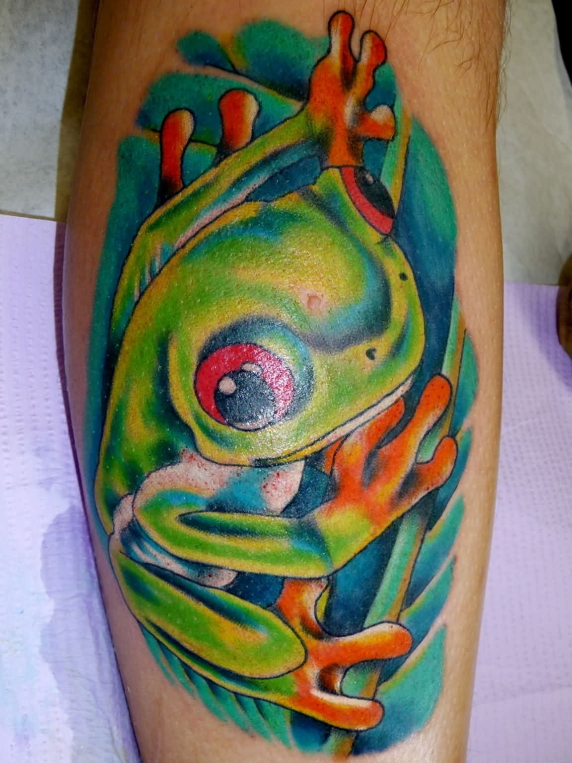 Colorful Frog Tattoo Design For Leg Calf