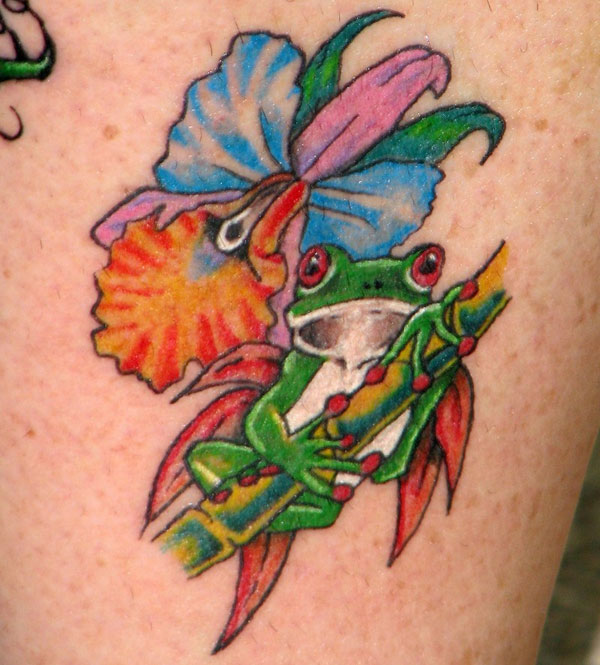 Colorful Frog With Flower Tattoo Design For Half Sleeve