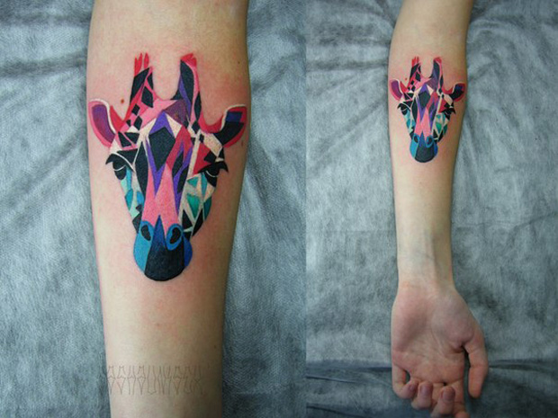 Colorful Giraffe Head Tattoo Design For Sleeve