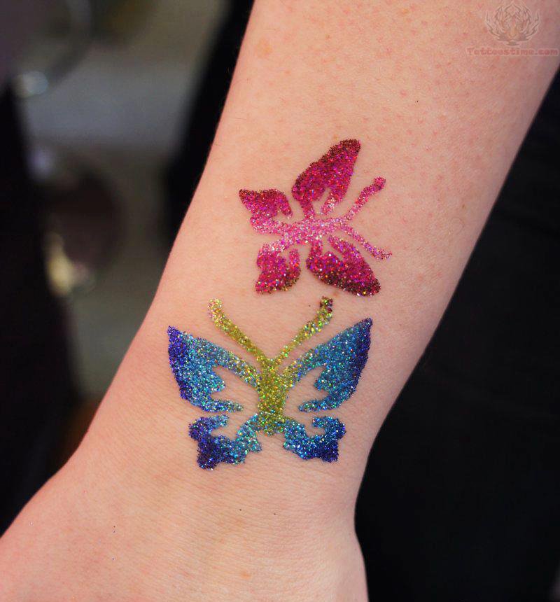 Colorful Glitter Butterflies Tattoo On Wrist