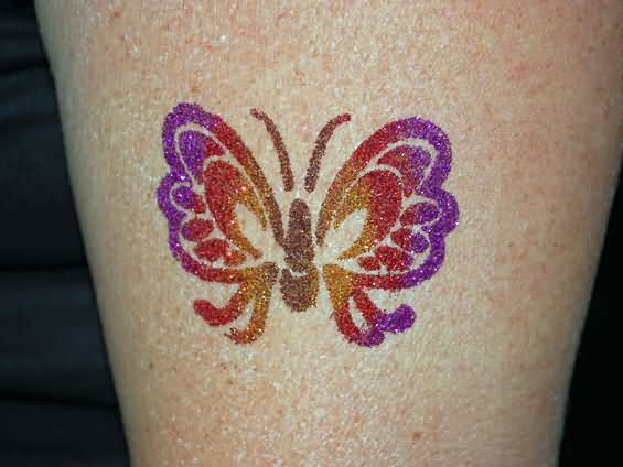 Colorful Glitter Butterfly Tattoo On Sleeve