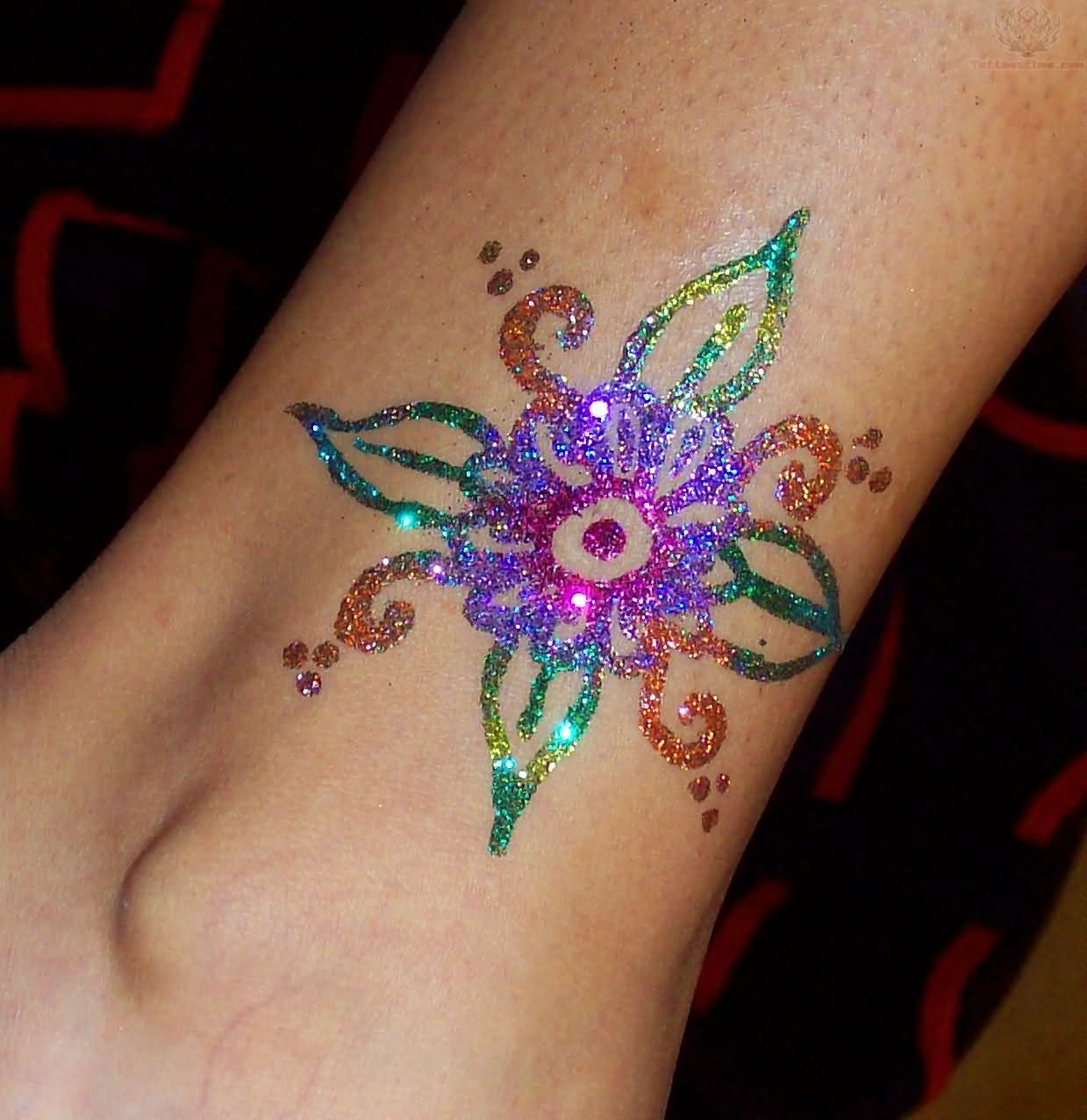 Colorful Glitter Flower Tattoo Design For Ankle