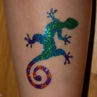Colorful Glitter Lizard Tattoo Design For Sleeve