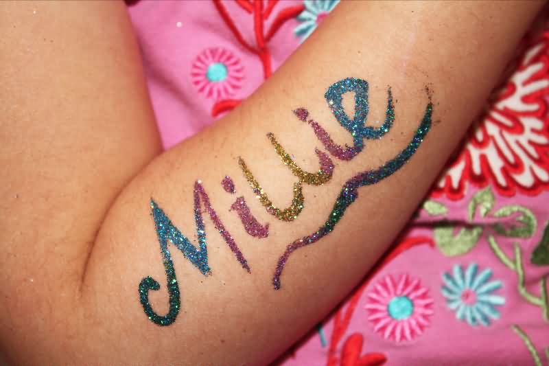 Colorful Glitter Millie Lettering Tattoo On Right Arm