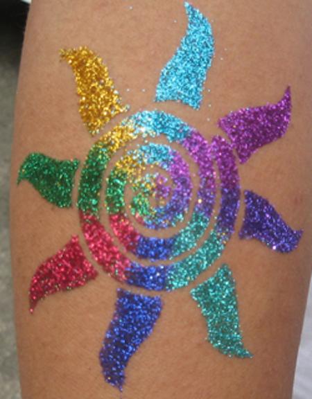 Colorful Glitter Sun Tattoo Design For Leg Calf