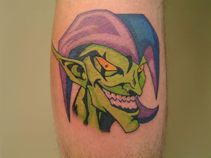Colorful Goblin Head Tattoo Design For Leg Calf