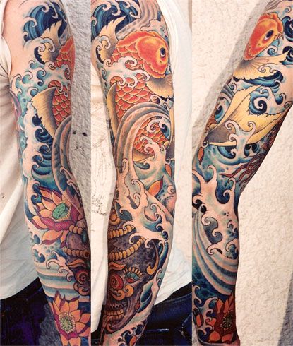Colorful Japanese Fish With Lotus Flower Tattoo On Full Sleeve