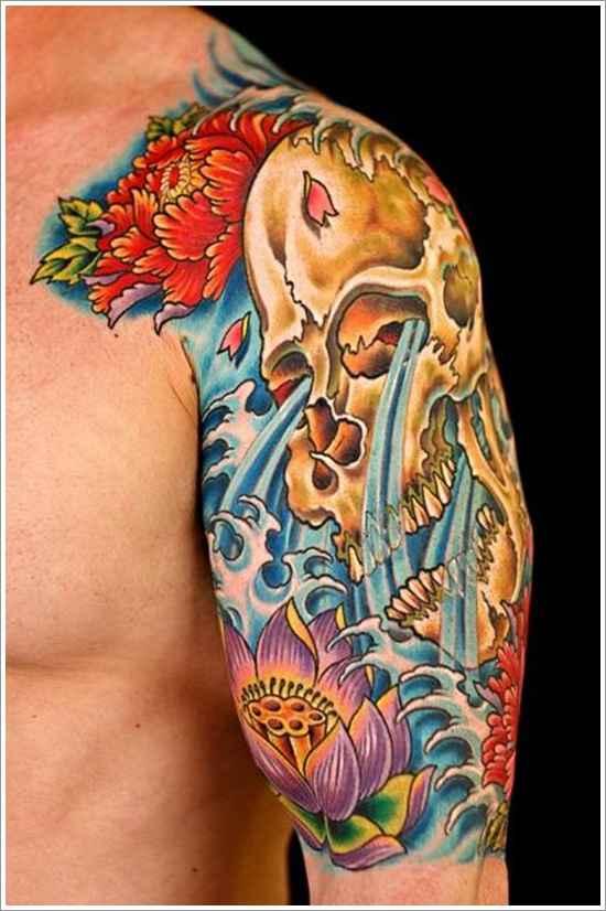 Colorful Japanese Flowers With Skull Tattoo On Man Left Half Sleeve