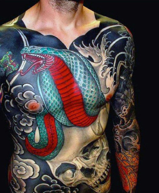 Colorful Japanese Snake With Skull Tattoo On Man Full Body