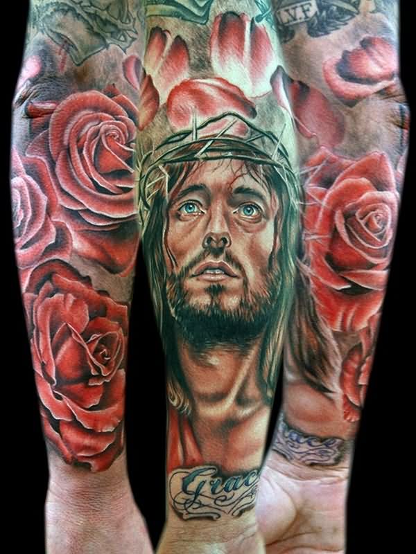 Colorful Jesus Head With Roses Tattoo On Forearm