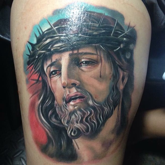 Colorful Realistic Jesus Tattoo On Thigh