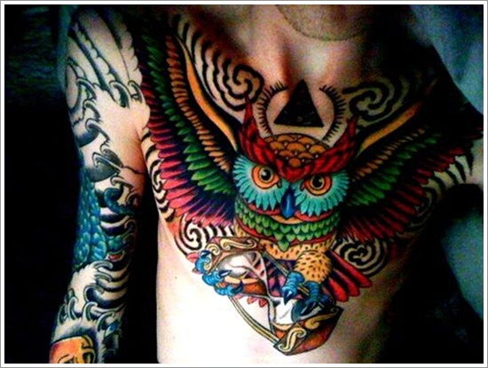 Colorful Traditional Japanese Owl Tattoo On Man Chest