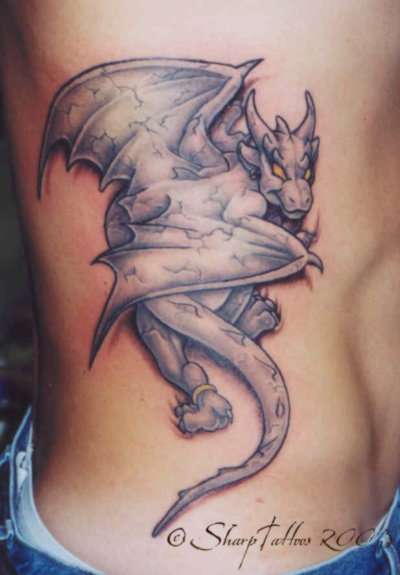 Cool 3D Gargoyle Tattoo On Man Right Side Rib
