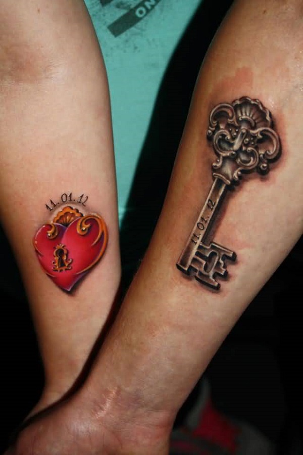 Cool 3D Heart Shape Lock And Key Tattoo On Couple Forearm
