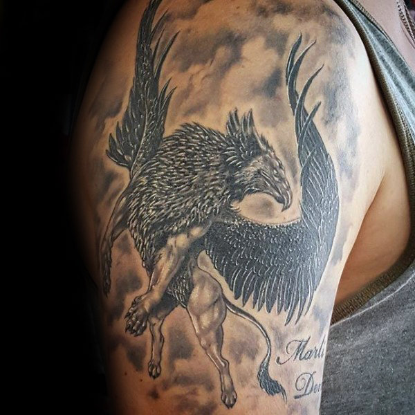 Cool Black Ink Flying Griffin Tattoo On Right Half Sleeve