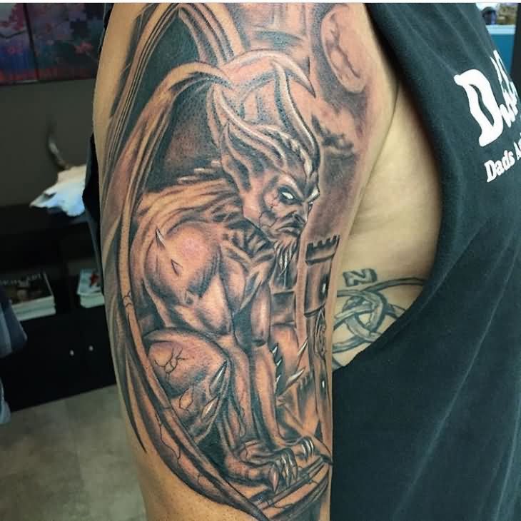Cool Black Ink Gargoyle Tattoo On Man Right Half Sleeve
