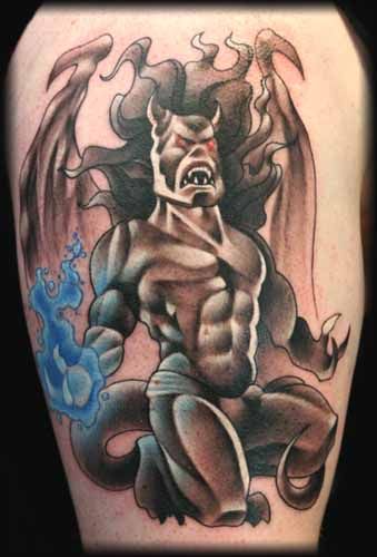 Cool Black Ink Gargoyle Tattoo On Right Half Sleeve