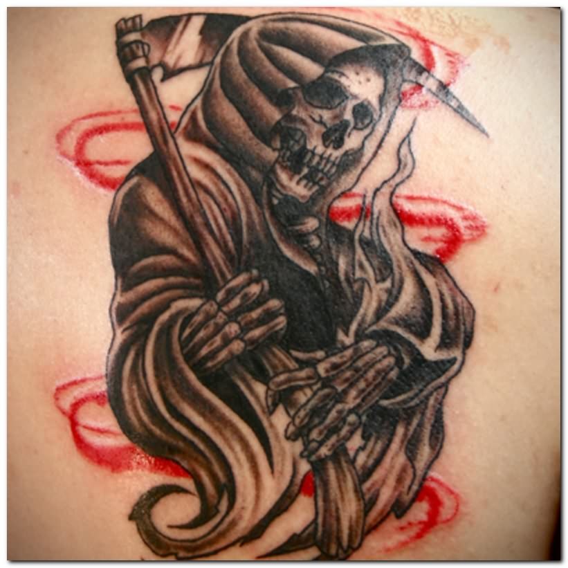 Cool Black Ink Grim Reaper Tattoo Design