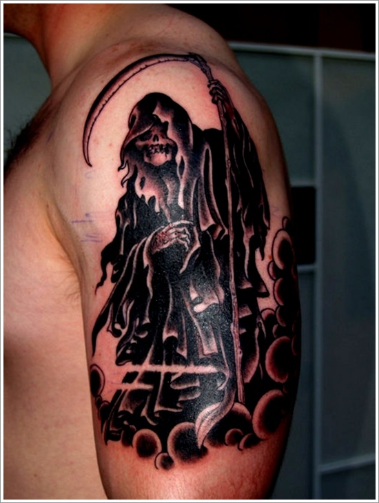 Cool Black Ink Grim Reaper Tattoo On Man Left Shoulder